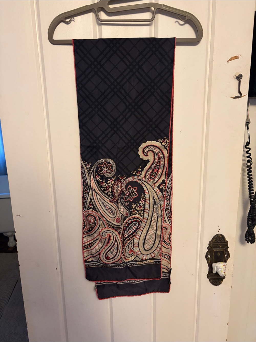 Vintage Burberry Black/Charcoal Paisley Silk Scarf with Coral and Cream Accents